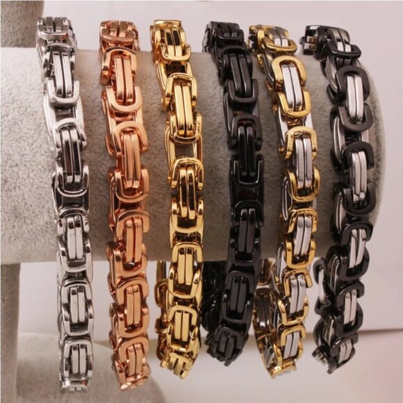STAINLESS STEEL BYZANTINE MECHANIC SILVER BLACK BIKER BRACELET GOLD BLACK - Picture 5 of 7
